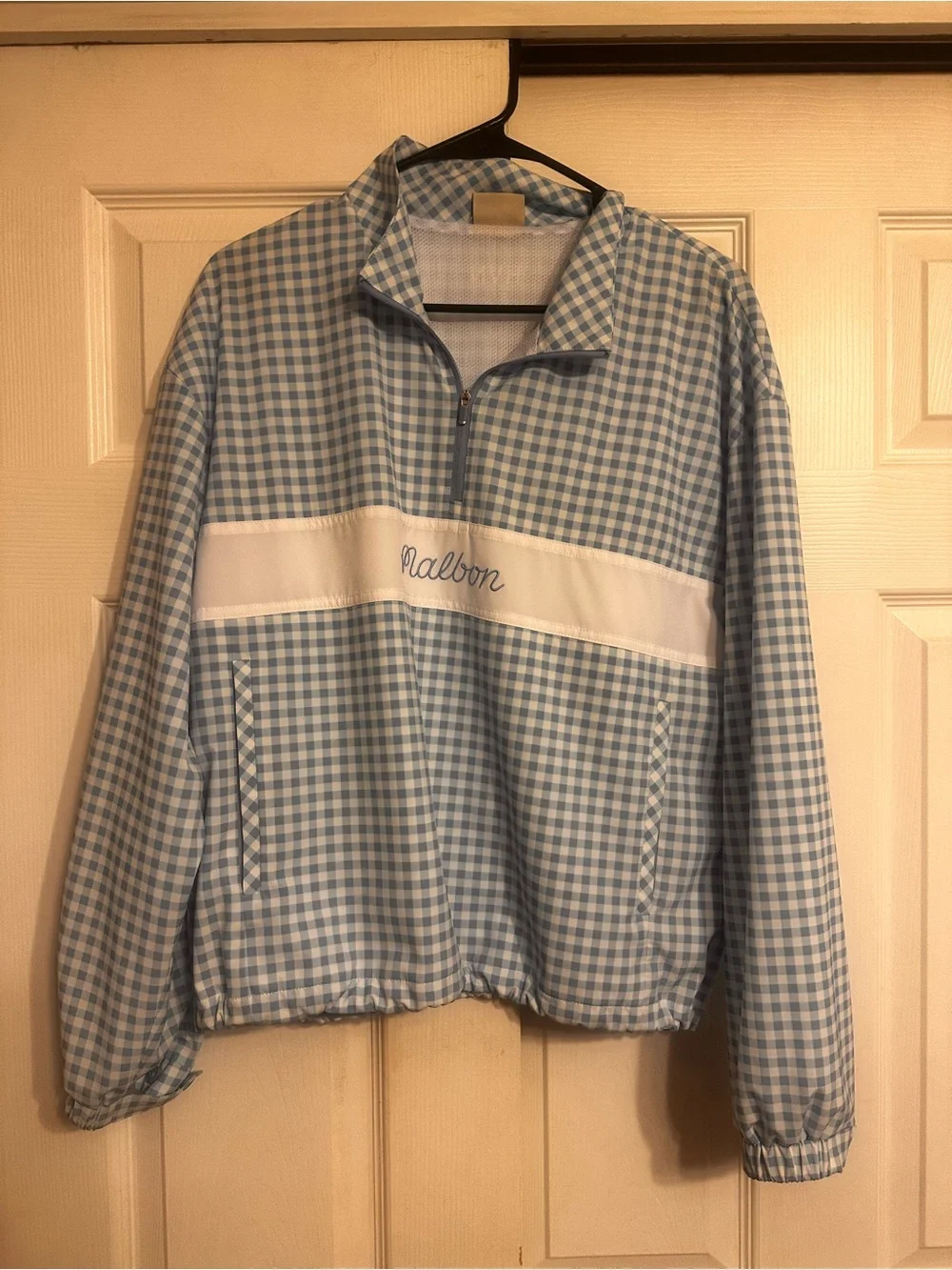 Light Blue Gingham Half-Zip is Golf Windbreaker Jacket